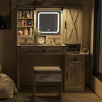 Farmhouse Vanity Desk with Mirror and Lights, 42” Makeup Vanity with Charging Station, 4 Drawers & Adjustable Shelves, Oak