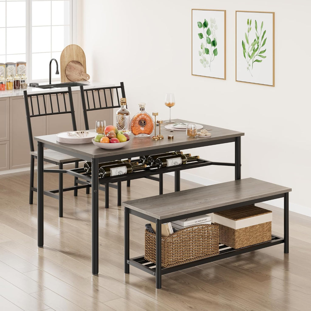 Dining Table Set for 4, Kitchen Table and Chairs for 4 with Wine Rack, Rectangular Dining Room Table Set with Bench, 4 Piece Dining Table Set for Small Space, Apartment, Retro Gray
