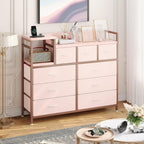 Jojoka TV Stand with Charging Station, Bedroom Dresser for Living Room TV Stand with 9 Drawers, Pink