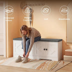 Apicizon Storage Bench with Seat Cushion, 2 Tier Entryway Bench with 4 Barn Doors, Adjustable Shelves, 47.36" Shoe Bench for Entryway Hallway Bedroom Living Room, Beige White