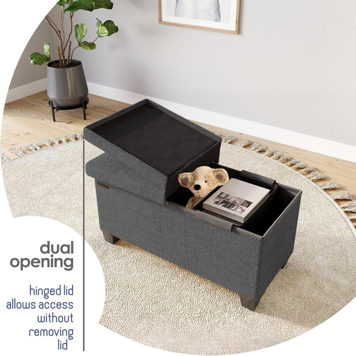 Storage Ottoman Bench with Bins, 30-in Storage Bench for Bedroom End of Bed, Folding Foot Rest Ottoman for Living Room Max 660lbs, Fabric Ottomans, Grey