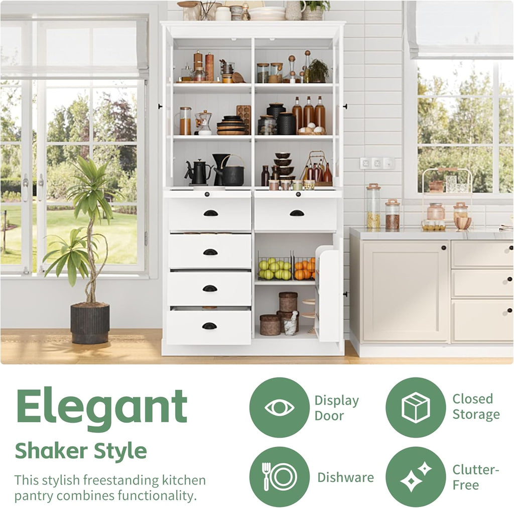 72" H Kitchen Pantry with Glass Doors, Wooden Freestanding Display Storage Cabinet with 5 Drawers and Serving Trays, Large Cupboard with Adjustable Shelves for Kitchen, Dining Room, White