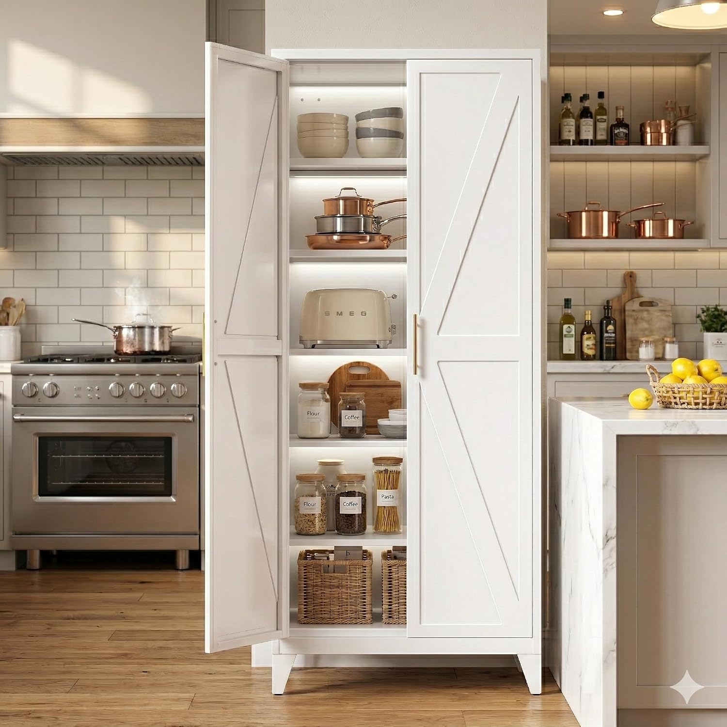 Metal Pantry Cabinet, 75.3-Inch Tall, 5 Adjustable Shelves, White | 75.3"H x 31.5"W x 15.75"D steel cabinet with 5 adjustable shelves, embossed doors, adjustable feet, and required assembly.