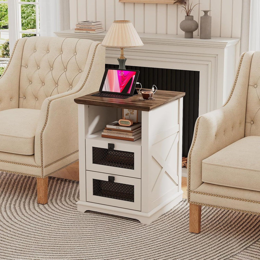 Farmhouse End Table with Charging Station, Nightstand with 2 Drawers & Open Storage,Sofa Side Table with Mesh Drawers, Design Bedside Table for Living Room, Bedroom, White