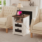 Farmhouse End Table with Charging Station, Nightstand with 2 Drawers & Open Storage,Sofa Side Table with Mesh Drawers, Design Bedside Table for Living Room, Bedroom, White