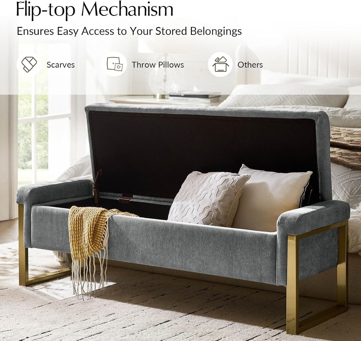 Modern Storage Ottoman Bench with Gold Metal Legs Upholstered Footrest End-of-Bed Bench with Hidden Storage, Hallway and Entryway Grey