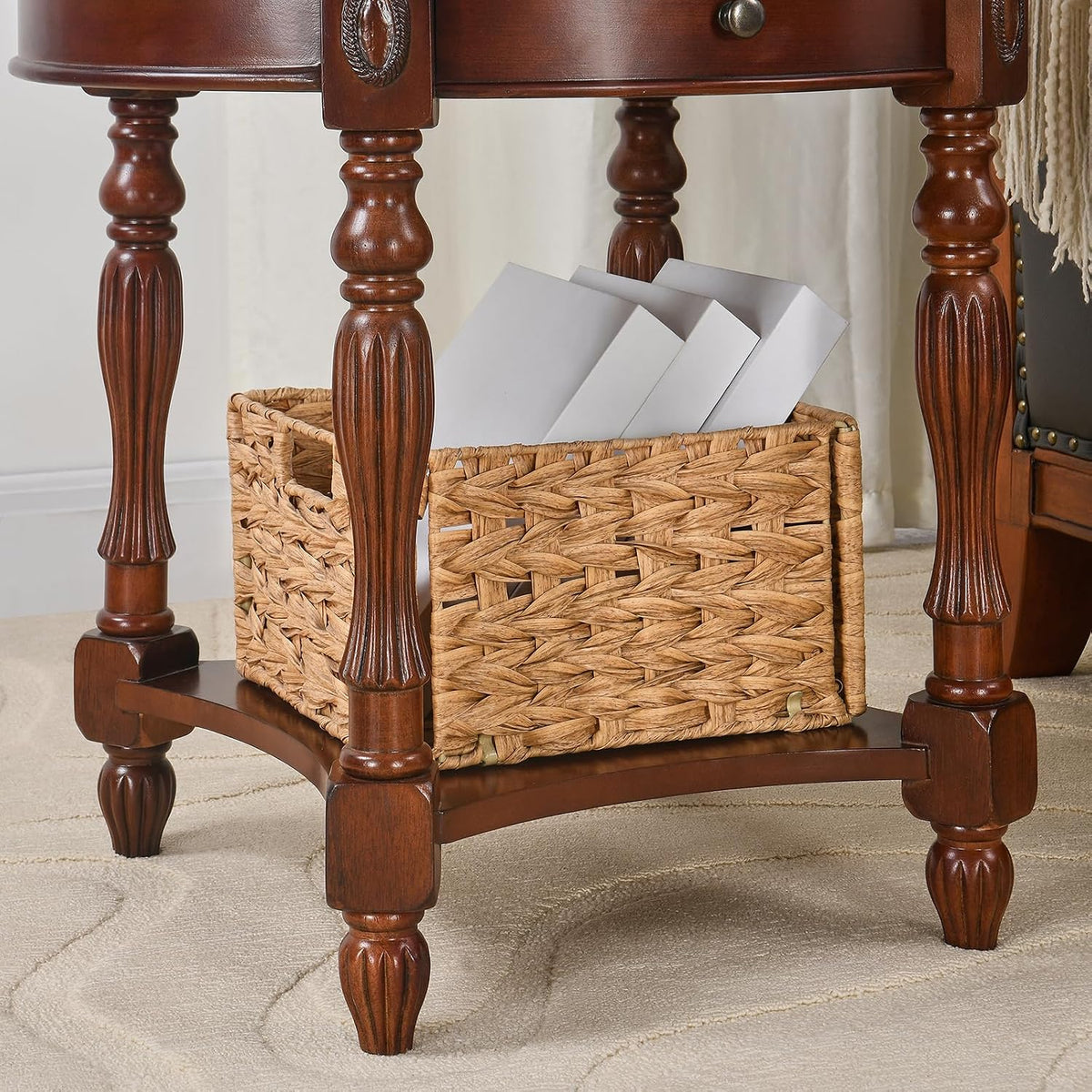 Solid Wood Oval End Table with Drawer, 28"x24" Sofa Side Table with Patterned Top and Vintage Carved Edge, Cherry Walnut Finish for Living Room or Bedroom