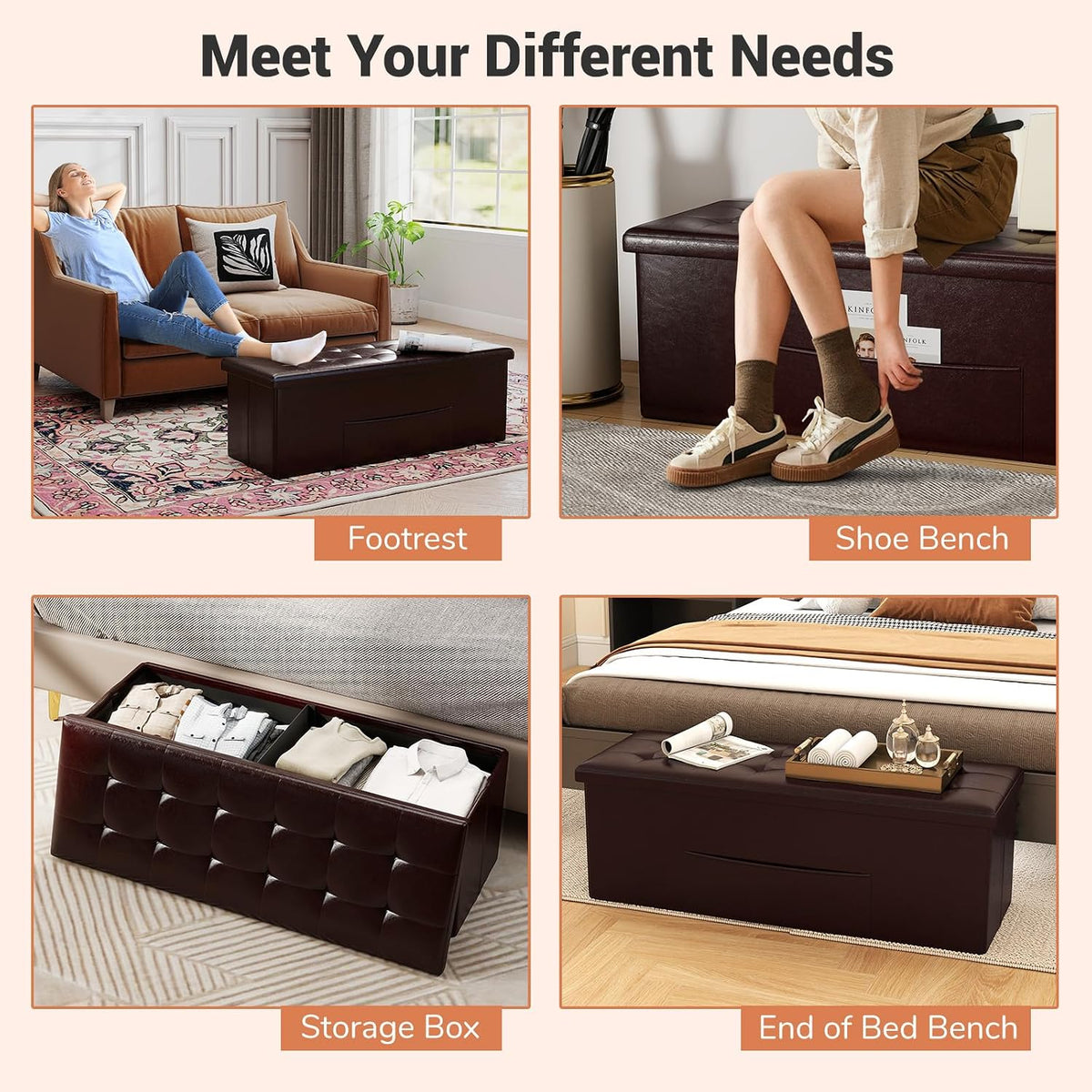 43 Inches Folding Storage Ottoman Bench, Foldable Foot Rest Stool End of Bed Bench with Side Pocket, Storage Chest for Living Room, Entryway & Bedroom (Brown)