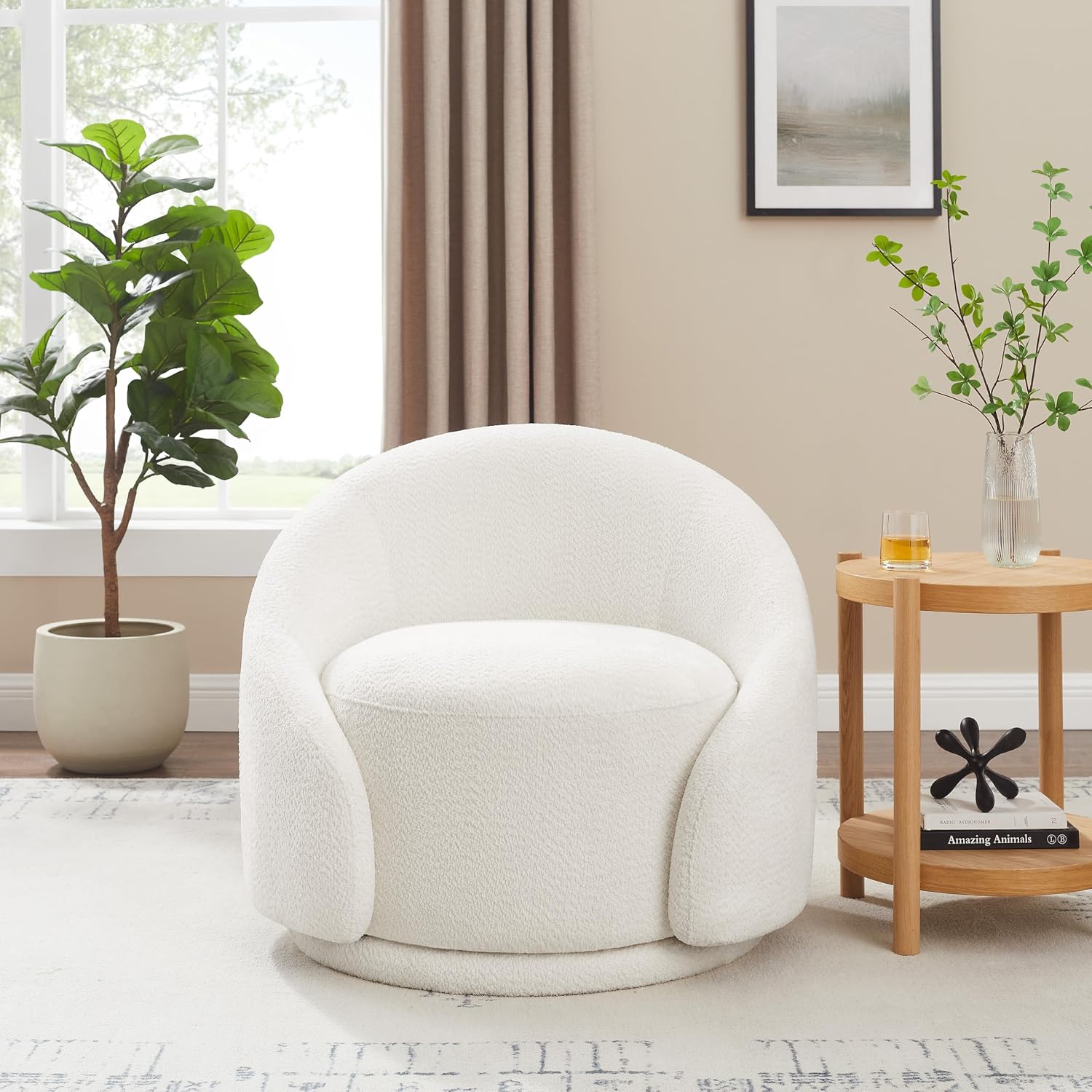 VANOMi Swivel Accent Chairs for Living Room, 34" Swivel Barrel Chair Oversized Armchairs Modern Boucel Reading Chairs for Bedroom, Corner, Apartment, Cream White