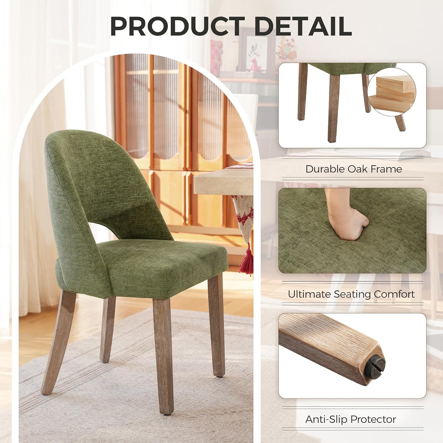 Wooden Dining Chairs Set of 2, Upholstered Modern Chenille Dining Room Chair Kitchen Chairs, Comfy Farmhouse Dinner Chair for Kitchen Dining Room, Green
