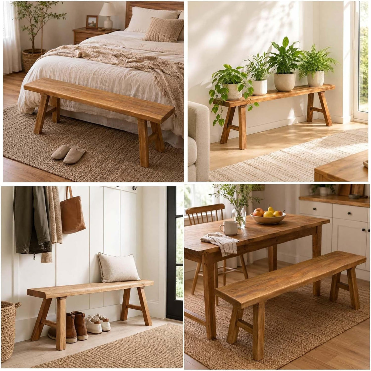 Farmhouse Solid Wooden Narrow Bench Natural Rustic Kitchen Dining Table Skinny Entryway Shoe Benches 47.2/62.9/70.8/78.8 In End of Bed Bench Dining Bench Shoe Bench For Hallway(47.2x10.2x17.7in)