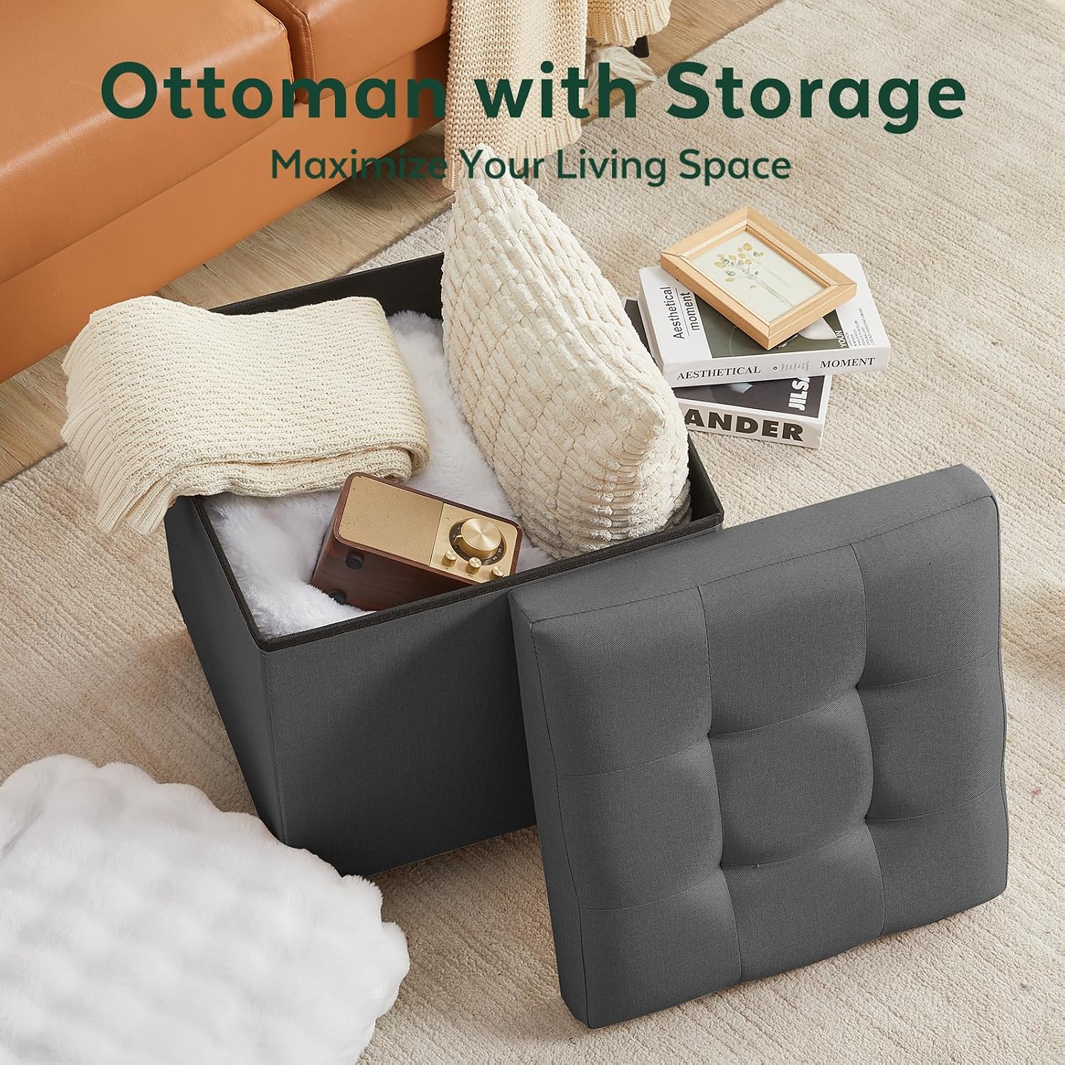 Ottoman with Storage, Square Storage Ottoman for Dorm, Linen Ottomans with Legs for Living Room, Bedroom, 17.7" D x 17.7" W x 19.9" H, Grey