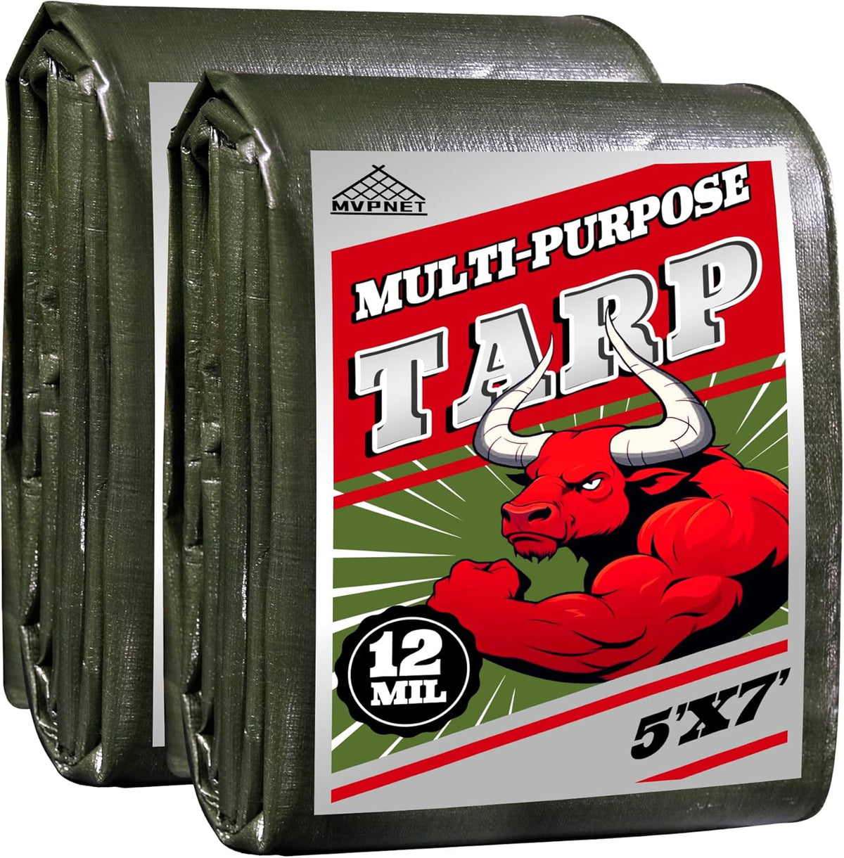 Green/Silver Heavy Duty Waterproof Tarp 5x7FT(2pack), 12mil Thick，Multifunctional tarp Whit Tear&Fade Resistant,UV Resistant,with Grommets and Reinforced Edges.