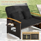 COSTWAY Patio Rattan Daybed, Outdoor Loveseat Sofa with Storage Ottoman, 4-Level Adjustable Backrest & Acacia Wood Armrest, Outdoor Wicker Daybed with Side Panels for Yard, Deck, Poolside (Black)