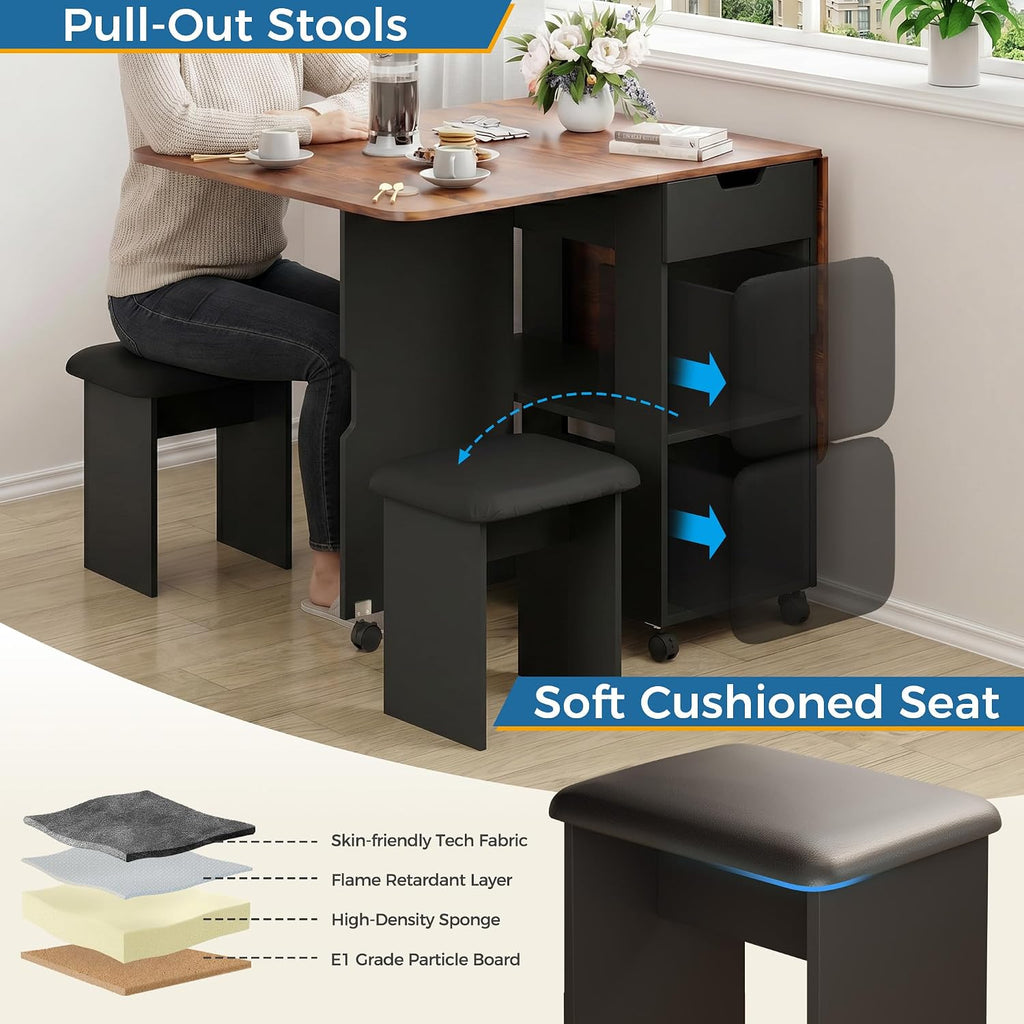 Mondeer 55" Folding Dining Table and Chairs Set 4, Cushioned Stools | 2 Drawers, Storage Shelves, Space Saving Table and Chairs for Kitchen Dining Room Small Spaces, Rustic Brown and Black