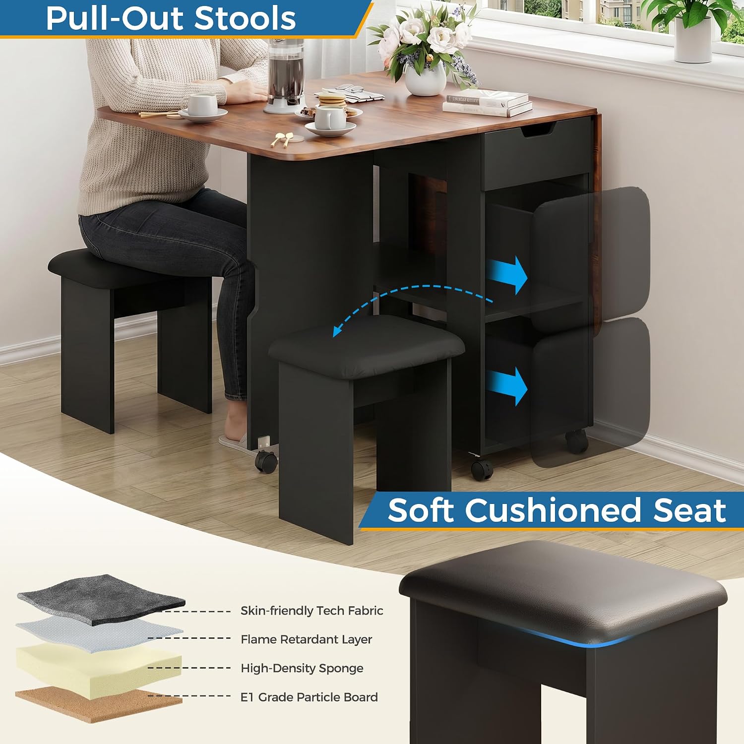 Mondeer 55" Folding Dining Table and Chairs Set 4, Cushioned Stools | 2 Drawers, Storage Shelves, Space Saving Table and Chairs for Kitchen Dining Room Small Spaces, Rustic Brown and Black