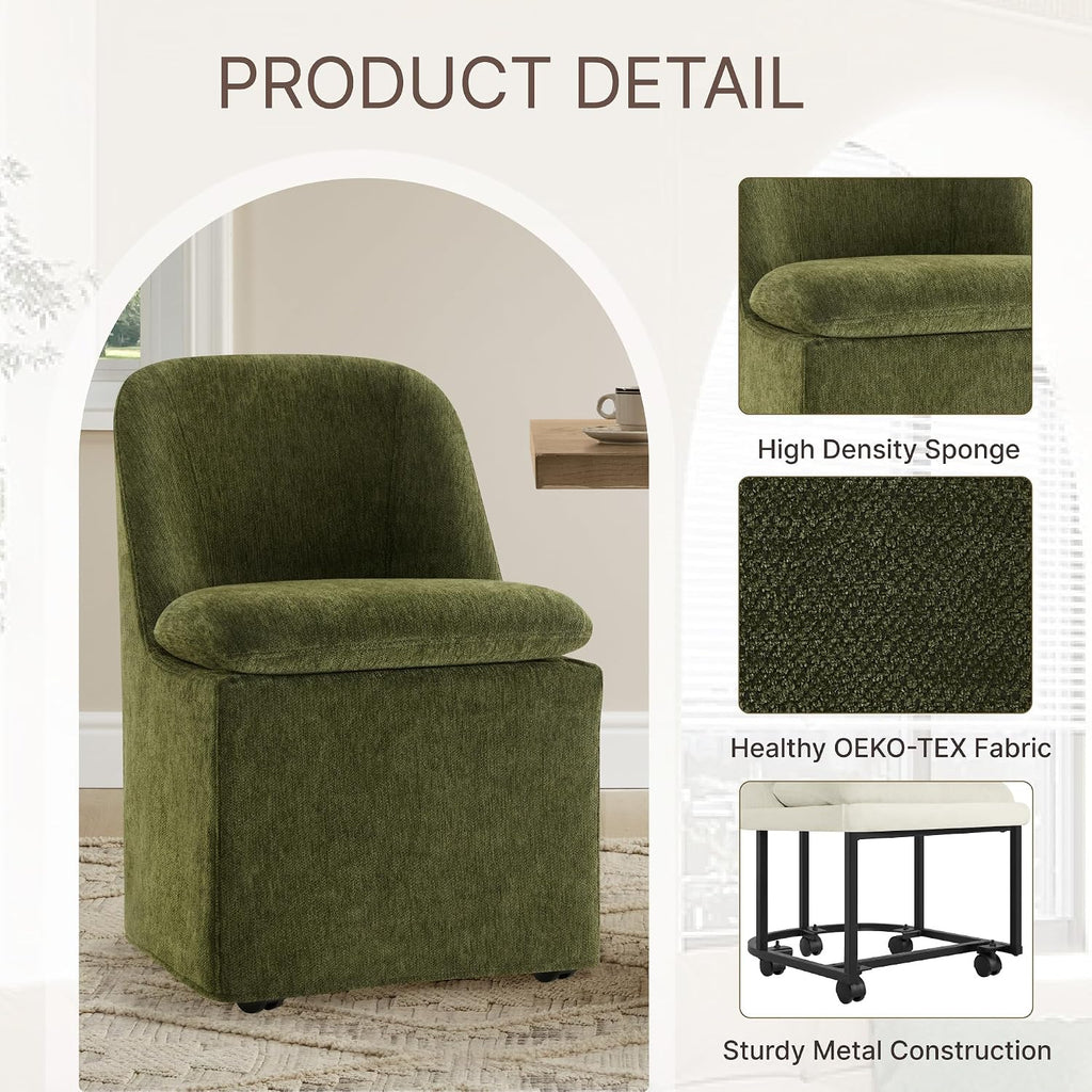KISLOT Upholstered Dining Chairs Set of 4 with Hidden Casters, Modern Kitchen Chairs with Removable Washable Cover, Padded Dining Room Chairs with Chenille Velvet Fabric & Metal Frame, Green