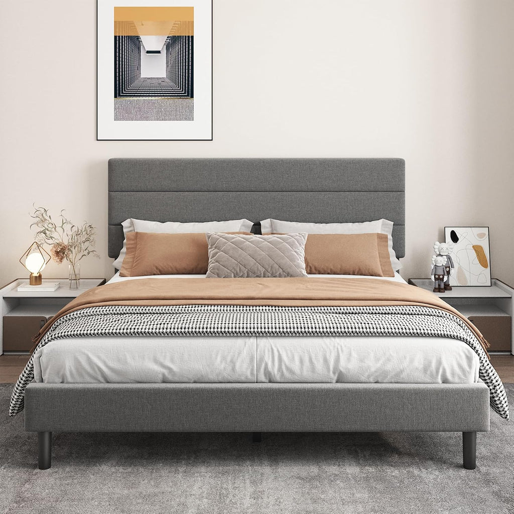 King Platform Bed Frame with Adjustable Linen Fabric Upholstered Headboard, Strong Slats Support, Noise-Free, No Box Spring Required, Easy Assembly for Bedroom Guest Room, Grey
