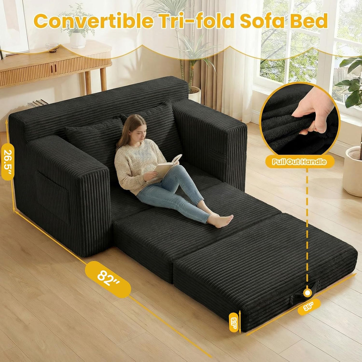 Couch, Loveseat Sleeper Sofa Bed – 3-in-1 Convertible Couch Bed with Side Pockets & Handle,Pull Out Corduroy Futon for Small Space,Living Room & Bedroom,2 Pillows Included,No Assembly