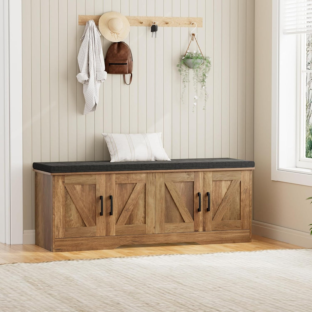 HOMSHO Farmhouse Shoe Storage Bench with 4 Barn Doors & Padded Seat Cushion | 47.2" Wide Entryway Bench with Adjustable Shelves & Hidden Storage, Rustic Walnut