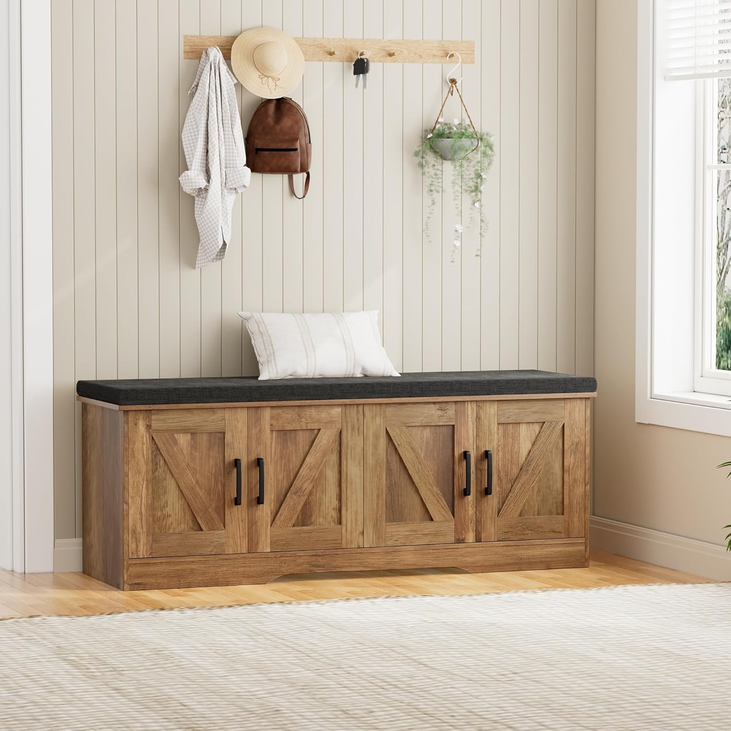 HOMSHO Farmhouse Shoe Storage Bench with 4 Barn Doors & Padded Seat Cushion | 47.2" Wide Entryway Bench with Adjustable Shelves & Hidden Storage, Rustic Walnut