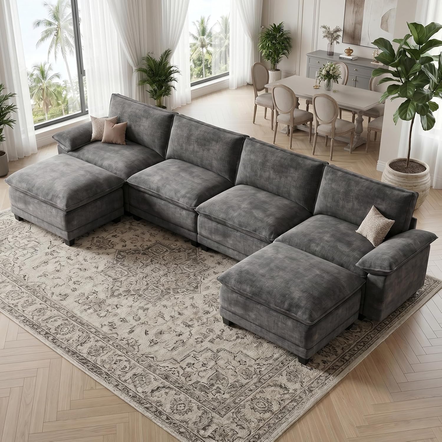 140" Modular Sectional Couch, U Shaped Cloud Sofa for Living Room | Comfortable Foam Cushions, Sturdy Frame, Appealing Appearance, Easy Assembly, Soft Chenille, Modular Design, Dark Gray