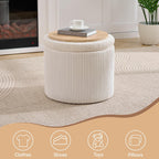WUTUTUEE Corduroy Storage Ottoman with Flip-Top Tray, Modern Upholstered Ottoman Coffee Table, Dual Leg Options Ottoman Footrest for Living Room, Bedroom, Office, White