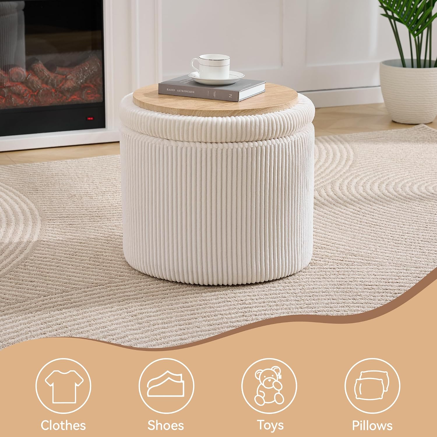 WUTUTUEE Corduroy Storage Ottoman with Flip-Top Tray, Modern Upholstered Ottoman Coffee Table, Dual Leg Options Ottoman Footrest for Living Room, Bedroom, Office, White