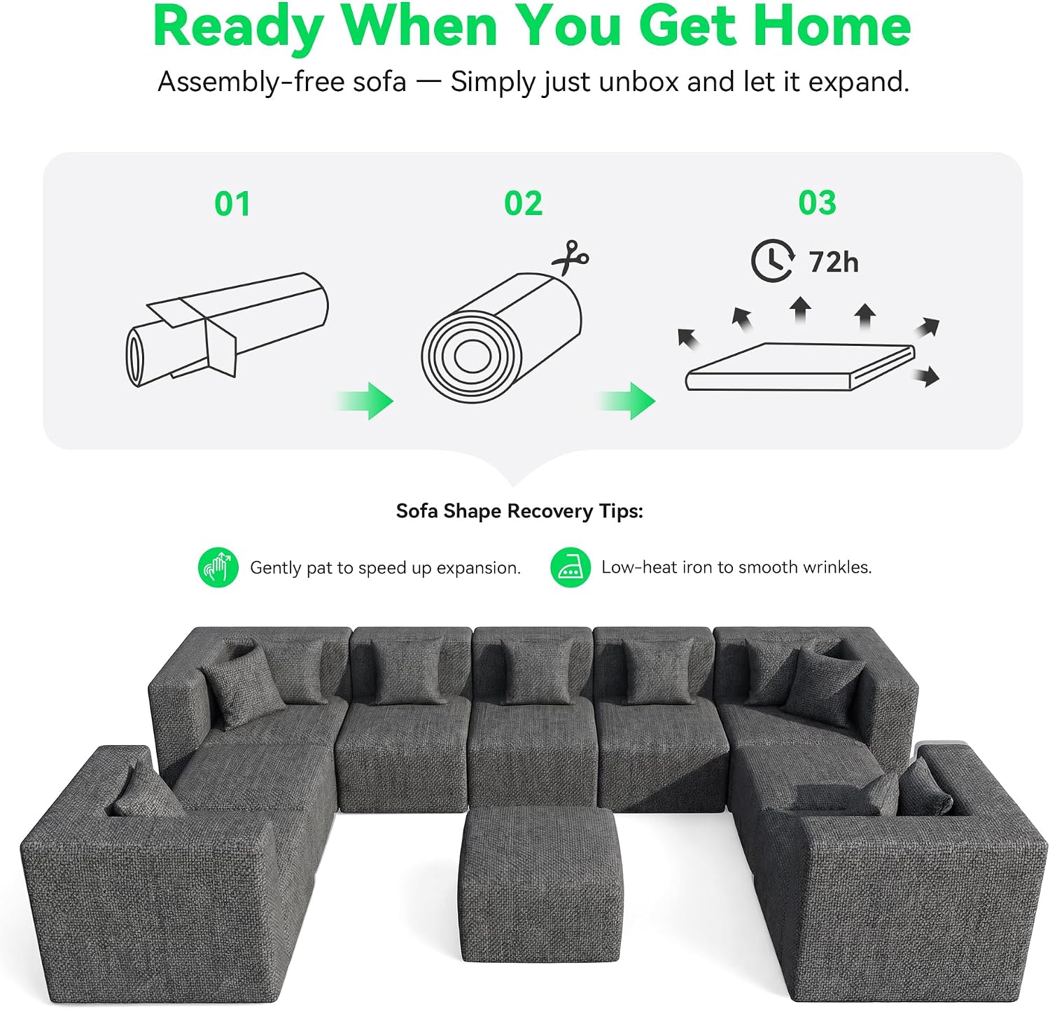 MONVANE Oversized Sectional Couch 10-Seat, Chenille, Gray | Sectional Couch for Living Room, Modular Cloud Sofa with Ottoman & 10 Throw Pillows, No Assembly Required
