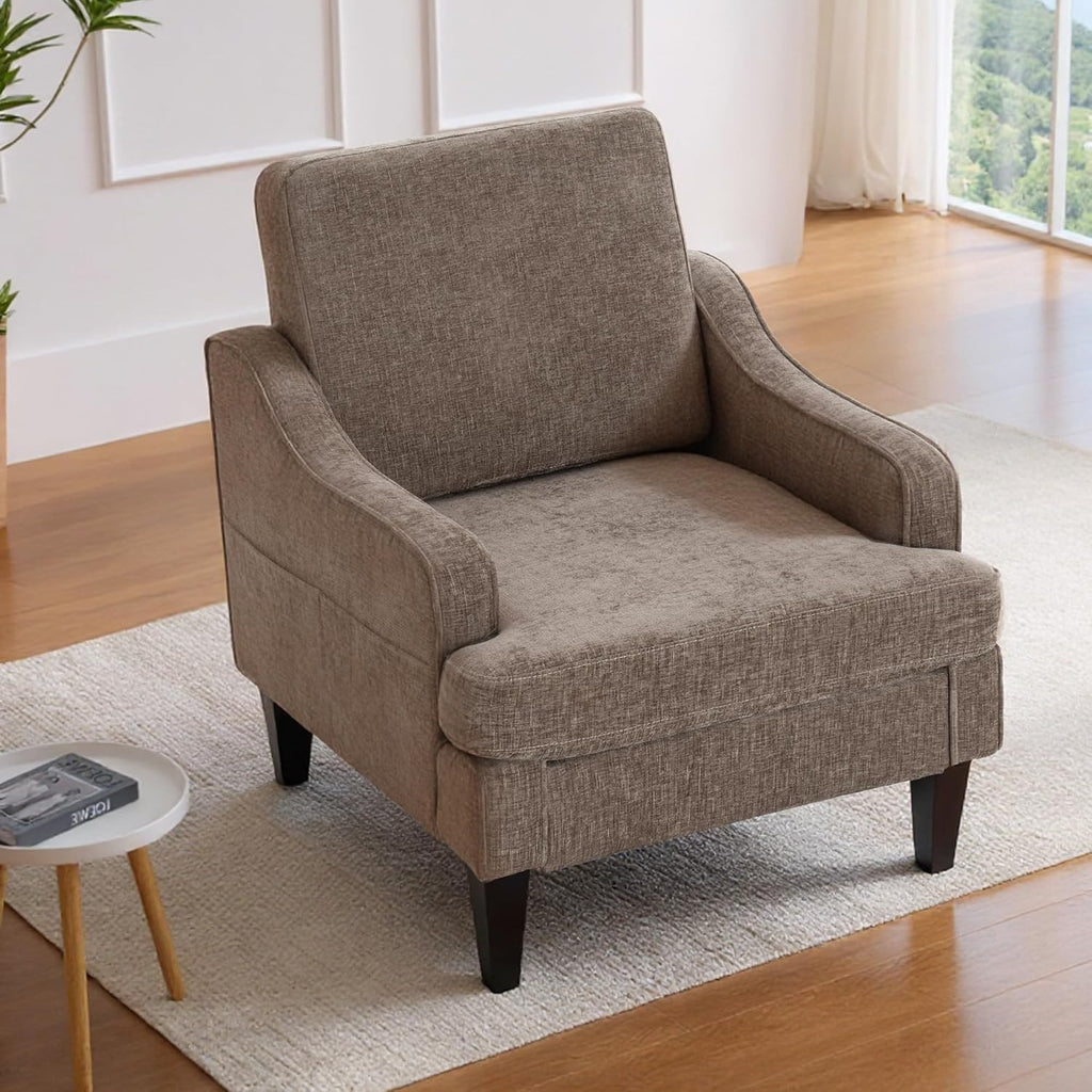 Accent Chair for Living Room,Mid-Century Arm Chair Chenille Fabric Living Room Chairs,Upholstered Reading Chair for Bedroom,Single Sofa Chair with Wood Legs for Apartment (Brown)