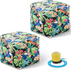 Juexica 2 Pack Inflatable Outdoor Ottoman Pouf Waterproof Cube 16" Square Blow up Ottoman Footrest with Handle Outdoor Portable Footstool for Patio Garden Camping or Home Pool(Parrot,Black)