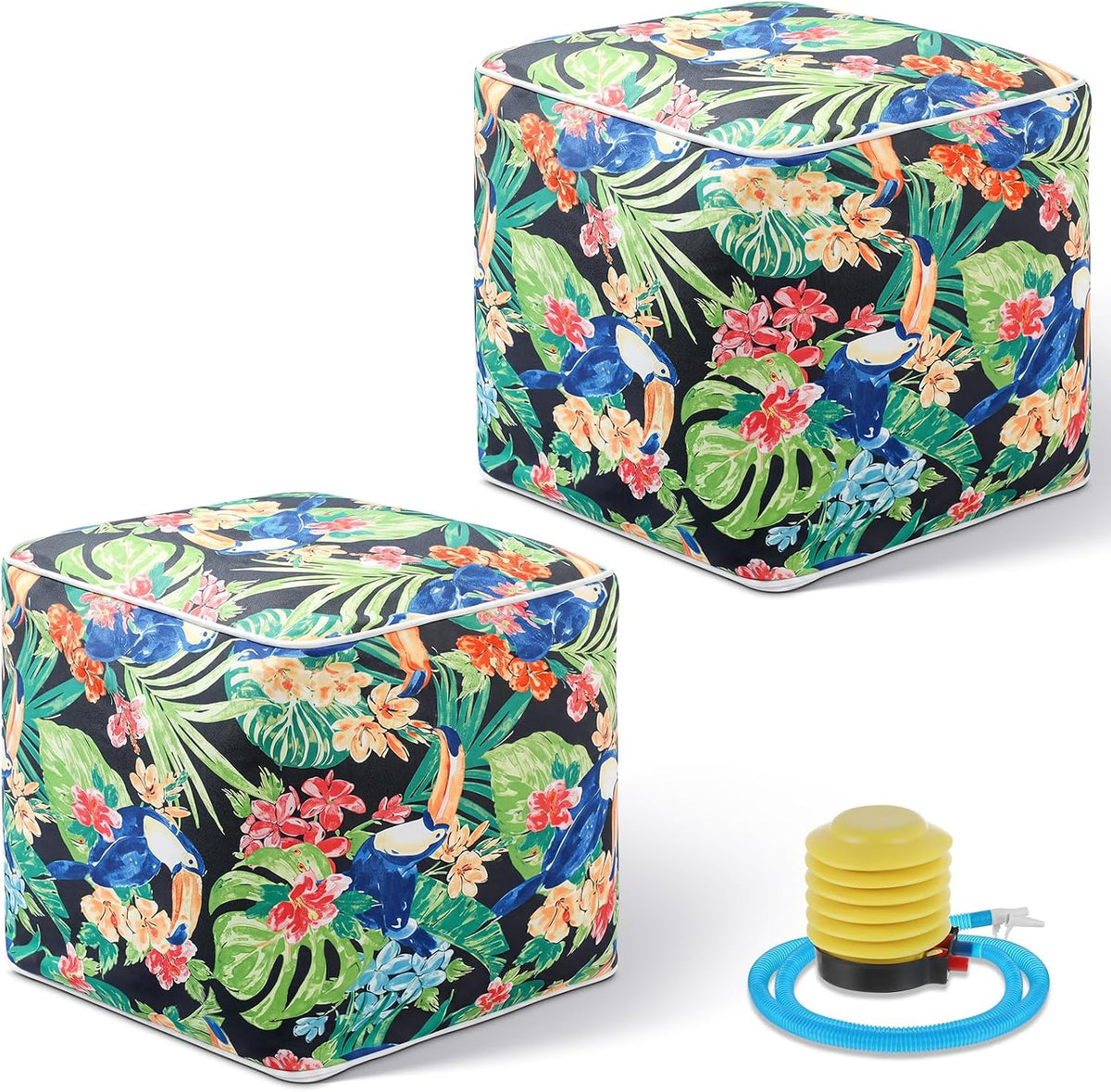 Juexica 2 Pack Inflatable Outdoor Ottoman Pouf Waterproof Cube 16" Square Blow up Ottoman Footrest with Handle Outdoor Portable Footstool for Patio Garden Camping or Home Pool(Parrot,Black)
