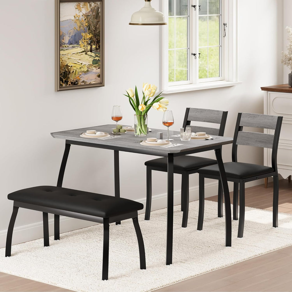 Kitchen Table Set for 4, 4-Piece Dining Table with 2 Chairs and PU Upholstered Bench - Cutting Corner Tabletop Design, Space-Saving Kitchen Furniture for Studio, Restaurant, Gray