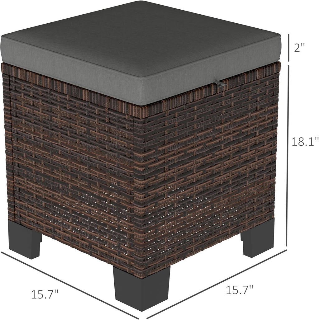 Outsunny 2 Pieces Outdoor Patio Ottomans, All Weather Wicker Footstools with Removable Cushions, 3-in-1 PE Rattan Ottoman Seat, Footrest and Side Table for Backyard, Poolside, Gray