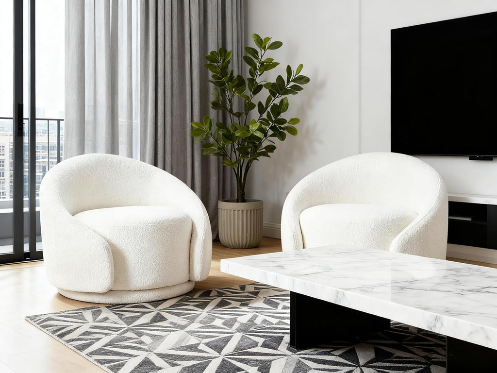 VANOMi Swivel Accent Chairs for Living Room, 34" Swivel Barrel Chair Oversized Armchairs Modern Boucel Reading Chairs for Bedroom, Corner, Apartment, Cream White
