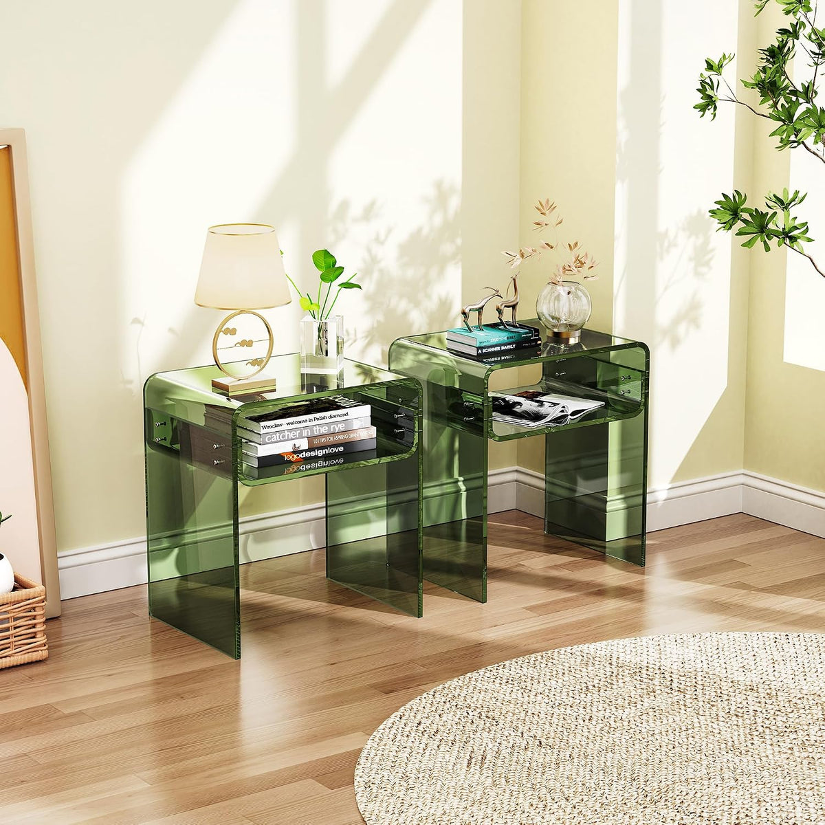 Clear Acrylic End Table 2-Tier Bedside Nightstand for Living Room Bedroom (1, Green Double)