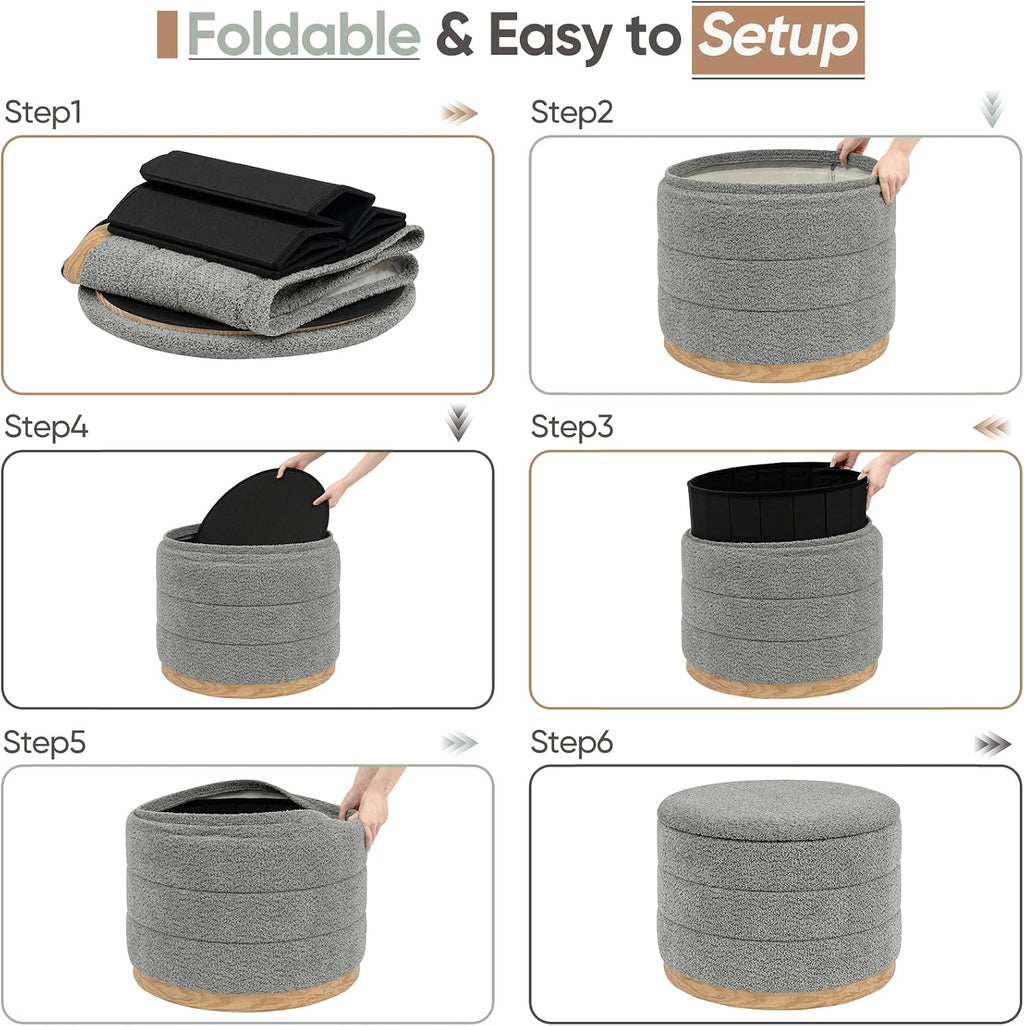Round Storage Ottoman with Tray Lid, Folding Chenille Fabric Footrest with Hidden Storage, 22.8" Large Footstool Side Table for Dorm Living Room Bedroom, Wood Grain Base, Grey
