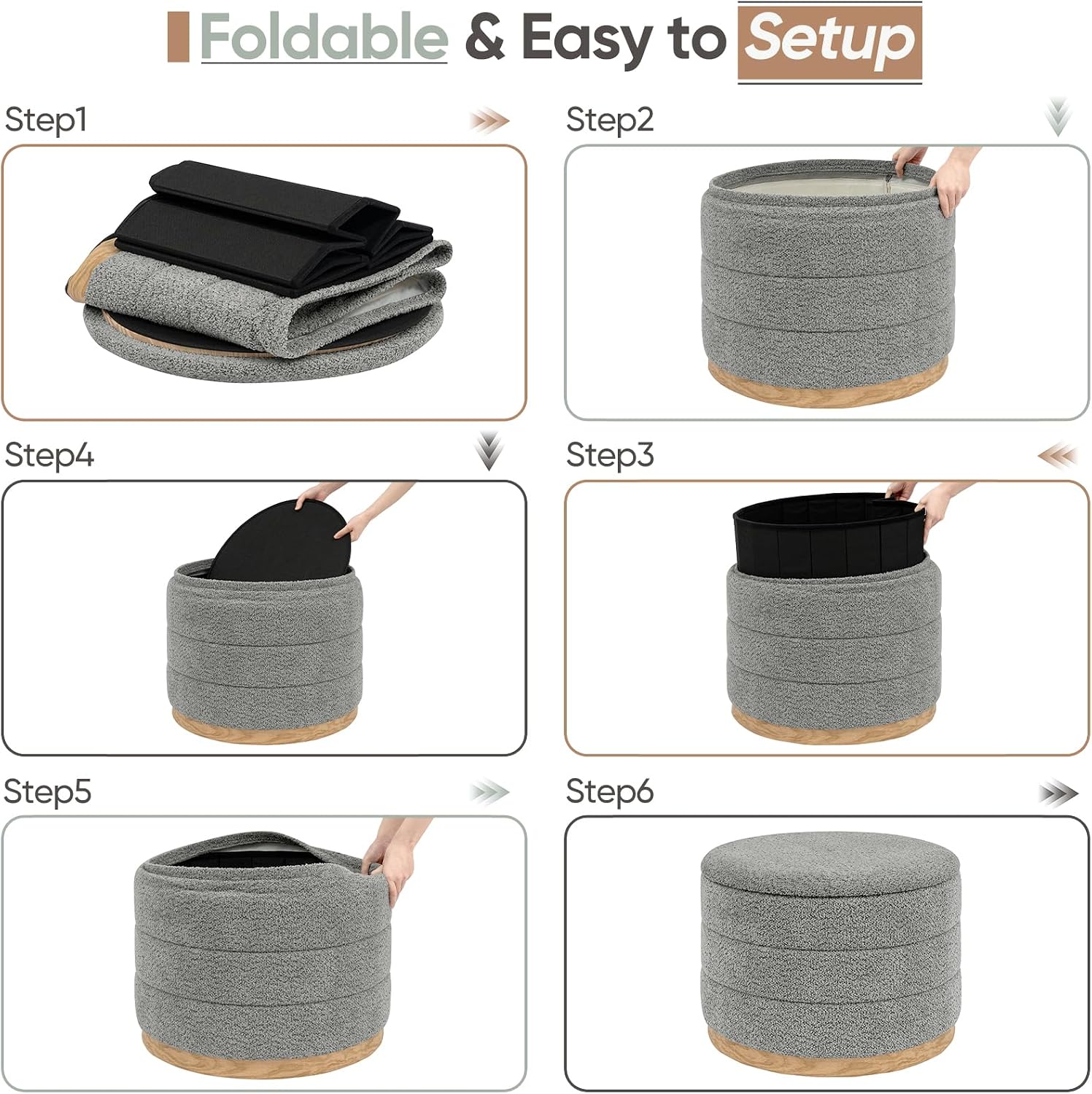 Round Storage Ottoman with Tray Lid, Folding Chenille Fabric Footrest with Hidden Storage, 22.8" Large Footstool Side Table for Dorm Living Room Bedroom, Wood Grain Base, Grey