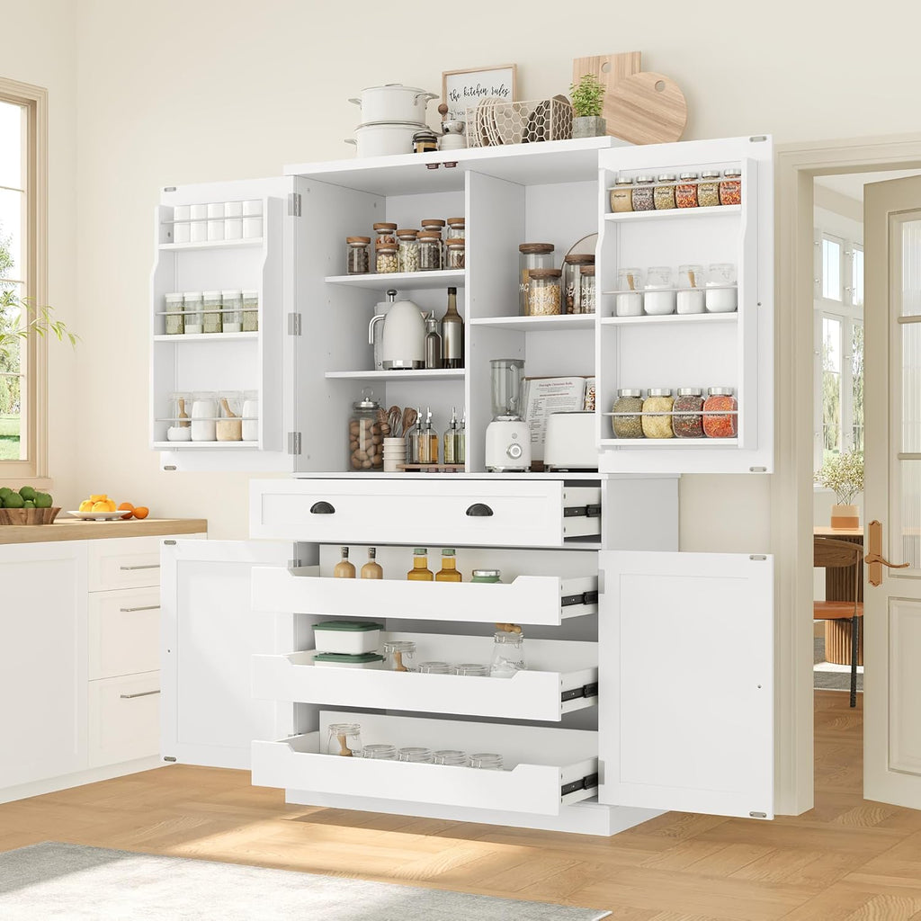 Polibi Freestanding Pantry Cabinet with 4 Doors & 1 Drawer, 3 Adjustable Shelves & Pull-Out Trays, Shaker Style Kitchen Storage for Dining Room, Living Room, Entryway (White)