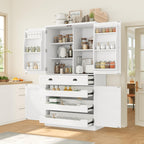 Polibi Freestanding Pantry Cabinet with 4 Doors & 1 Drawer, 3 Adjustable Shelves & Pull-Out Trays, Shaker Style Kitchen Storage for Dining Room, Living Room, Entryway (White)