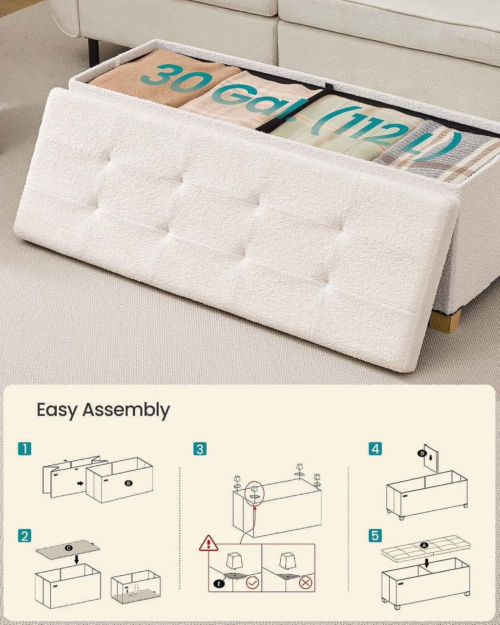 SONGMICS Storage Ottoman Bench with Legs, Flipping Lid, 43.3 Inches | Folding Ottoman Foot Rest, Teddy Fleece, for Living Room, Bedroom, Entryway, Cream White, Mazie Collection ULSF081WD01