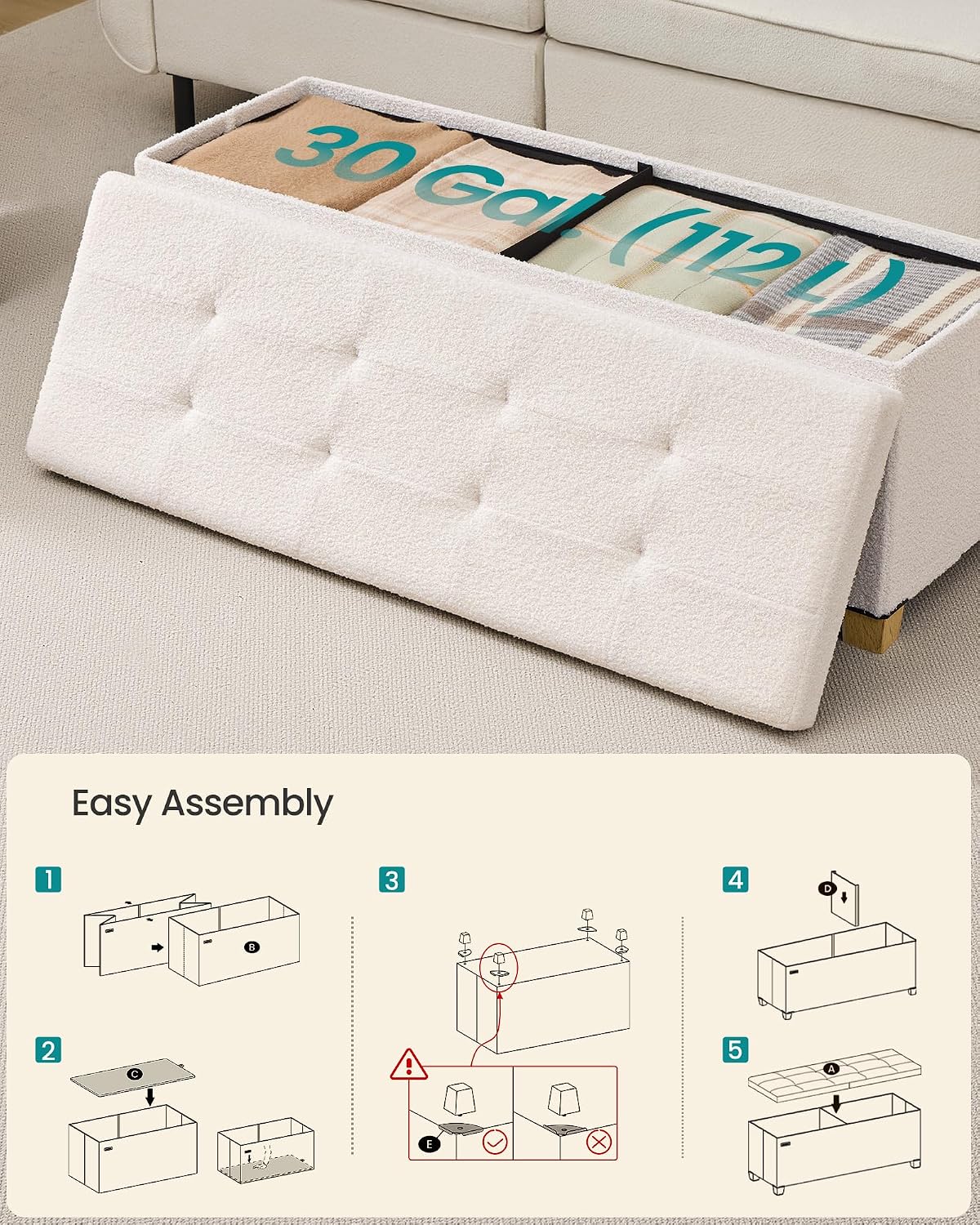 SONGMICS Storage Ottoman Bench with Legs, Flipping Lid, 43.3 Inches | Folding Ottoman Foot Rest, Teddy Fleece, for Living Room, Bedroom, Entryway, Cream White, Mazie Collection ULSF081WD01