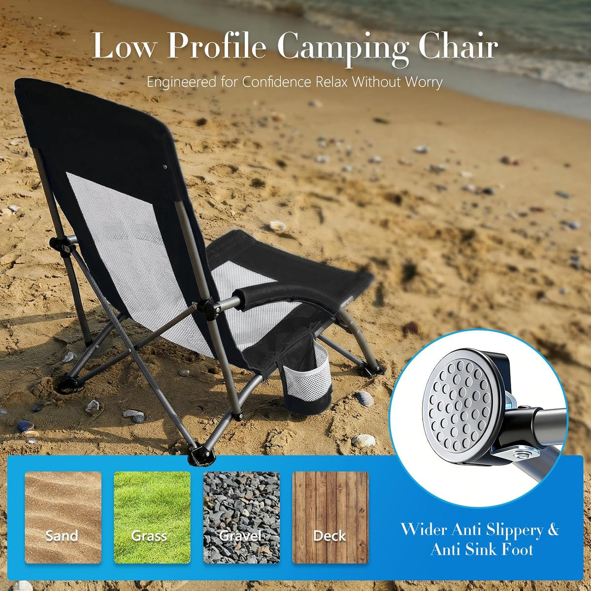 DUMOS Folding Camping Beach Chair, Lightweight Low Portable Beach Chair with Cup Holder, Storage Pocket, Breeze Mesh Back, Padded Armrests, Low Profile Chair for Camp, Picnic, Lawn, Sand, Black