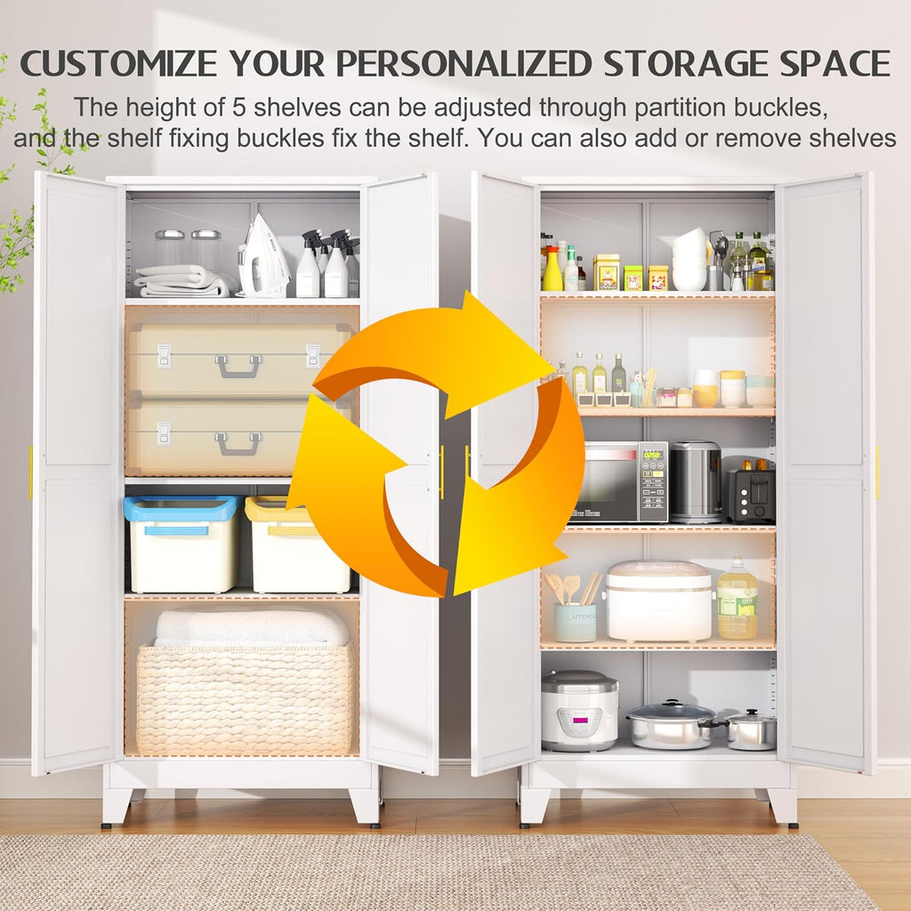 GAIOUS 75.2" Tall Kitchen Pantry Storage Cabinet, Metal File Cabinet with 2 Door and 5 Adjustable Shelves, White Cupboard, Storage Cabinet for Kitchen Office Dining Room Living Room