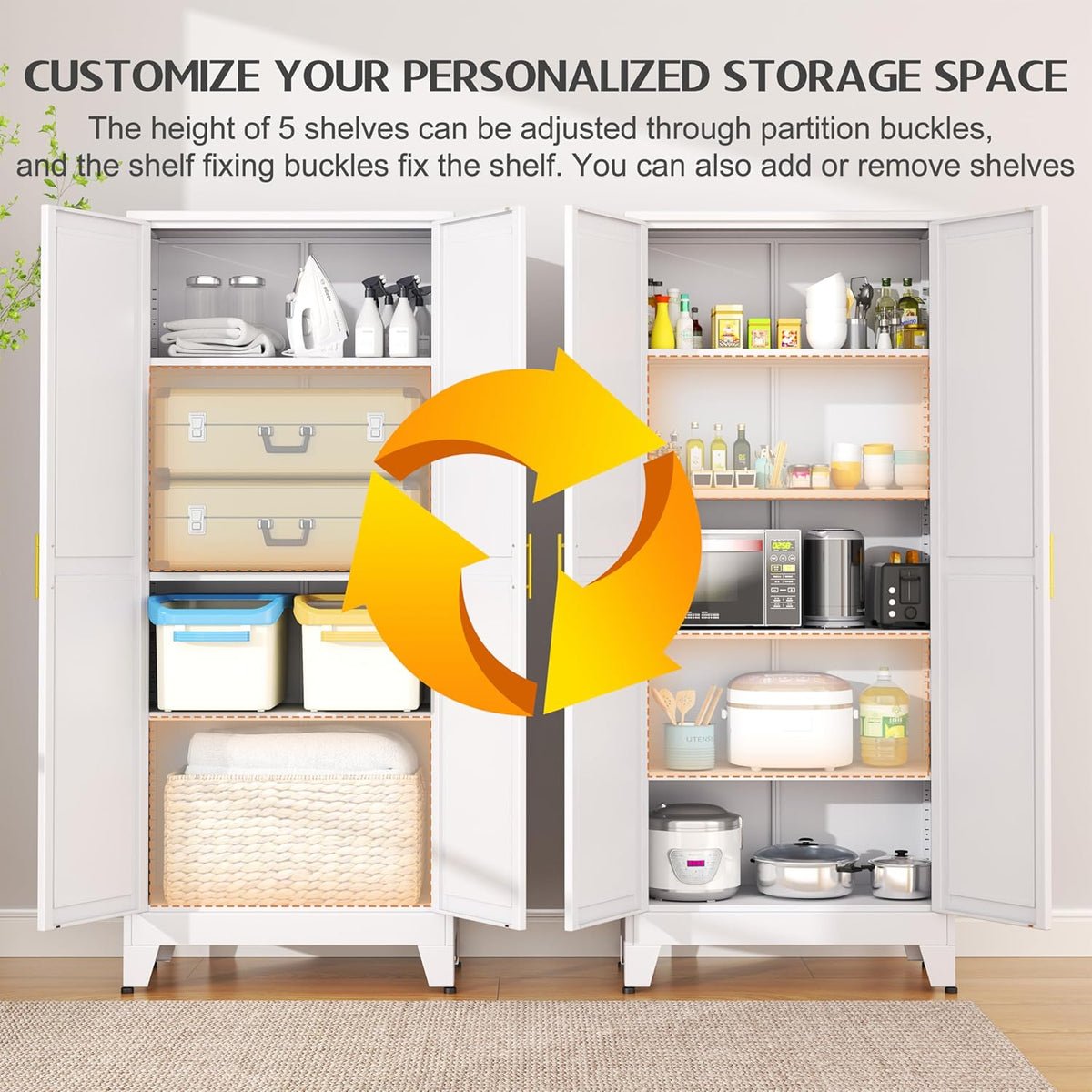 GAIOUS 75.2" Tall Kitchen Pantry Storage Cabinet, Metal File Cabinet with 2 Door and 5 Adjustable Shelves, White Cupboard, Storage Cabinet for Kitchen Office Dining Room Living Room