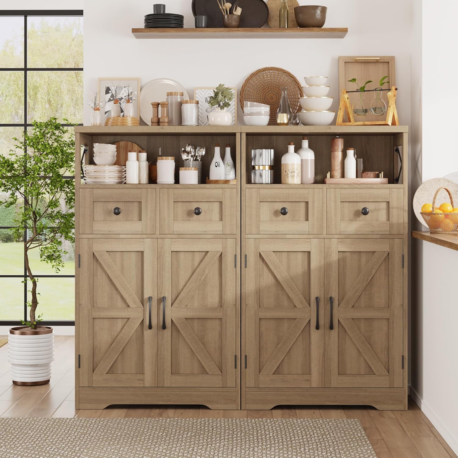 FiveWillowise Natural Storage Cabinet with Doors and Shelves, Standing Kitchen Pantry Cabinet, Floor Storage Hutch Cupboard, Coffee Bar Station for Dining, Living Room, Home Office