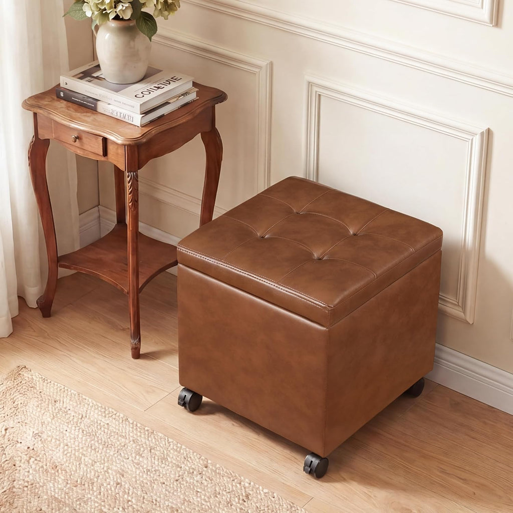 15 inch Square Storage Ottoman with Wheels and Tray Lid, Faux Leather Tufted Storage Cube Coffee Table, Movable Ottoman with Hidden Storage for Living Room, Bedroom
