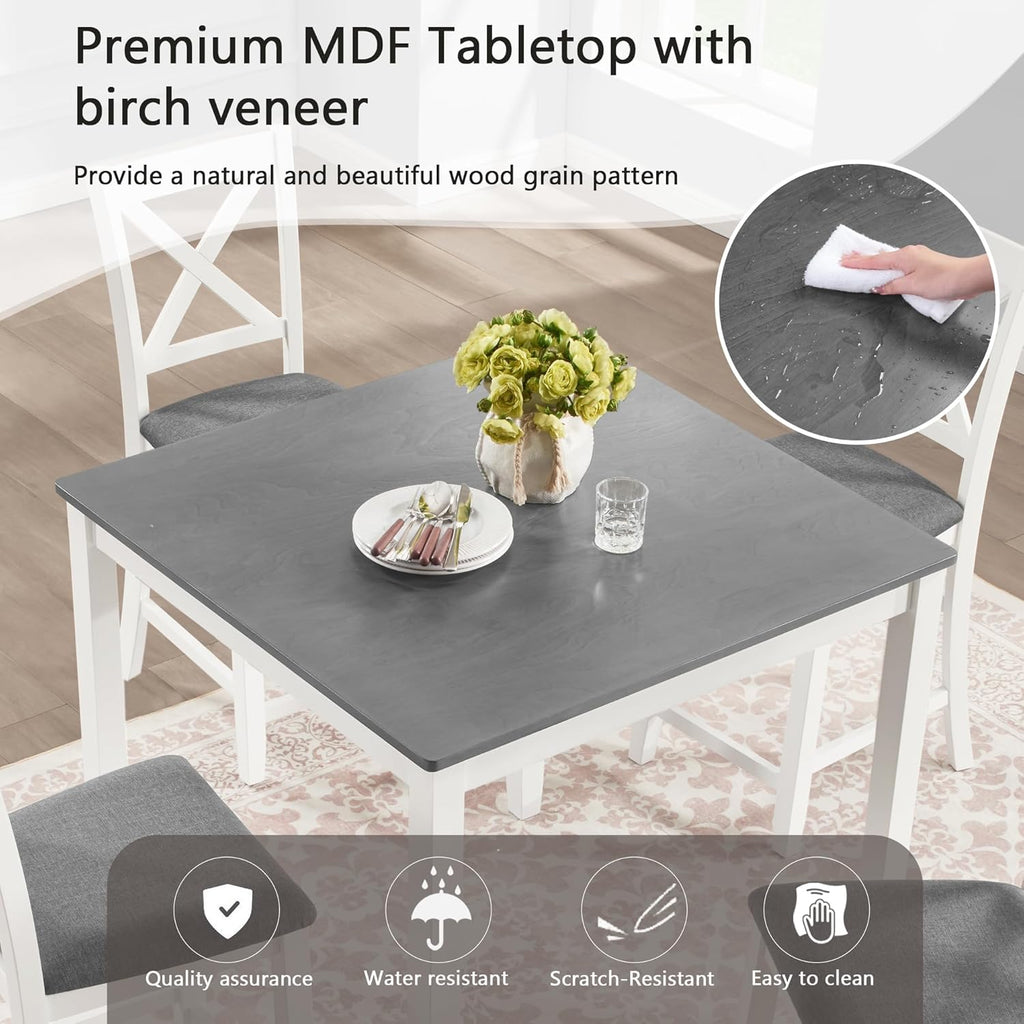 LUMISOL 5-Piece Counter Height Dining Set, Wooden Square Table with 4 Chairs, Space-Saving 4-Person Dining Table Set for Small Kitchen Dining Room, Grey + White
