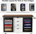 72" Rolling Kitchen Island with Mini Fridge Space & Power Outlet,White | Farmhouse Kitchen Cart Cabinet with Drop Leaf Table, 4 Drawers, Sliding Barn Doors & Wine Glass Holder
