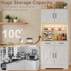 DreamDashio 73" Tall Pantry Cabinet with Charging Station & LED Light, Kitchen Pantry Storage Cabinet with Microwave Stand, Farmhouse Kitchen Hutch with 2 Storage Drawers and 6 Hooks for Dining Room